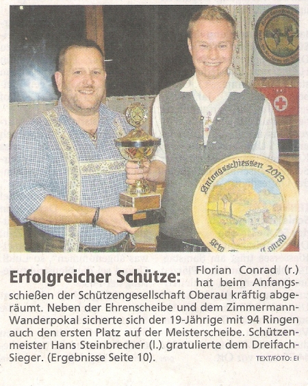 Artikel im Garmisch-Partenkirchner Tagblatt &uuml;ber das Anfangschie&szlig;en mit Hans Steinbrecher und Florian Conrad, dem Sieger der Anfangscheibe